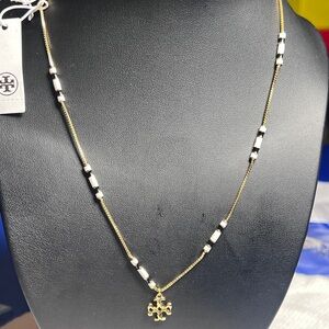 Tory Burch Black and White Enamel on Gold Necklace